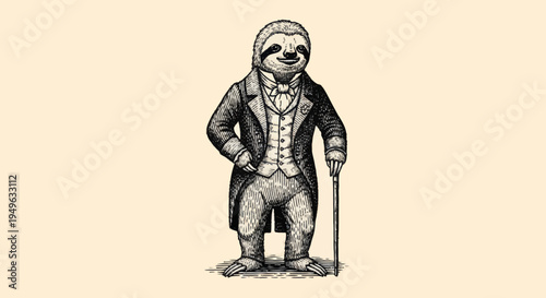 Dapper Sloth Gentleman in Vintage Attire Holding Cane.