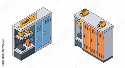 Two industrial lockers with safety helmets on top.