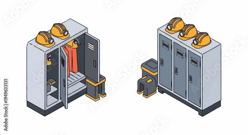 Isometric industrial lockers with hard hats and work clothes.