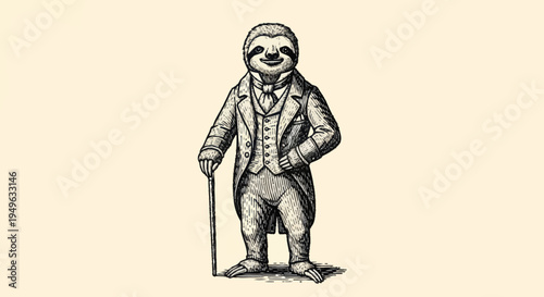 Vintage Sloth Gentleman Dressed in Formal Attire Holding Cane.