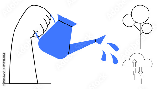 Growth concept. Visual elements showing a hand with a watering can nurturing plants, a growing tree, and clouds with arrows. Growth, environment, and sustainability for eco-awareness, education