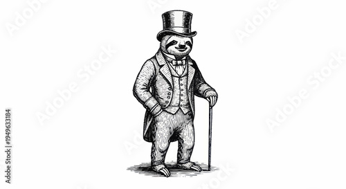 Elegant Sloth Dressed in Formal Victorian Attire Holding a Cane.