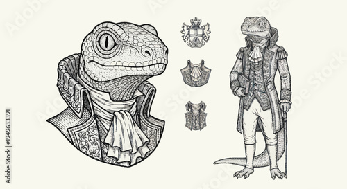 Anthropomorphic Lizard Gentleman in Historical Attire.