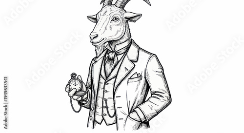 Anthropomorphic Goat Dressed in Formal Suit Holding Pocket Watch.