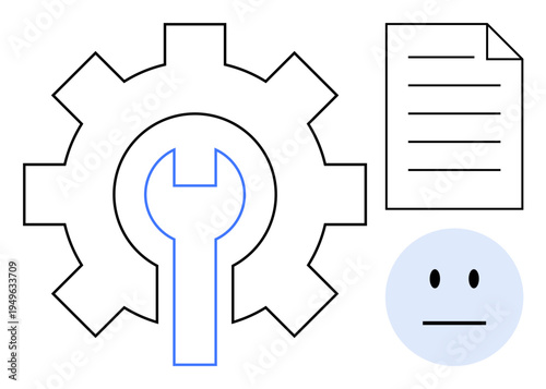System settings, user feedback, optimization tools, technical support, software configuration, troubleshooting. Gear with wrench, document and neutral face. System settings and user feedback concept