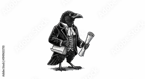 Anthropomorphic Raven Dressed in Victorian Suit Holding Scroll.