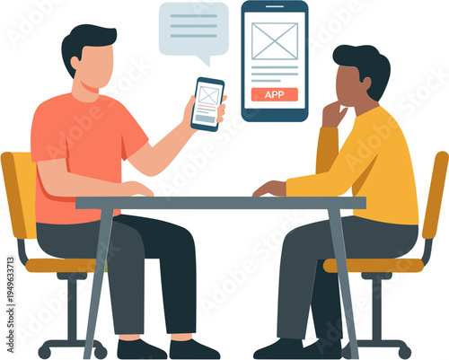 Two men sitting at a table discussing a phone and messaging app