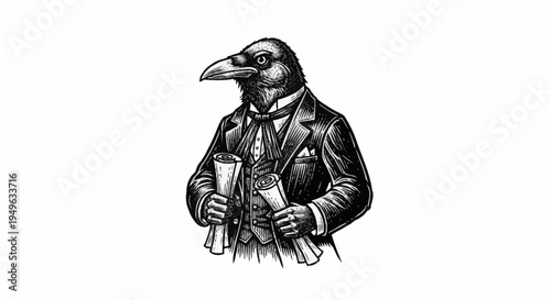 Elegant Raven Gentleman Holding Scrolls in Formal Attire.