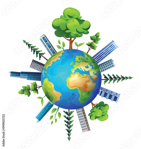 Modern city skyscrapers and green trees surrounding the planet earth. Vector cartoon illustration