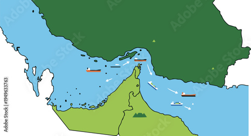 Vector map of the Persian Gulf region showing surrounding countries including Iran, Iraq, Kuwait, Saudi Arabia, Qatar, Bahrain, United Arab Emirates, and Oman with highlighted coastline and maritime b