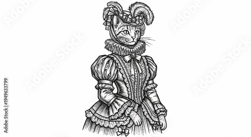 Victorian Era Cat Woman Dressed in Elaborate Historical Costume.