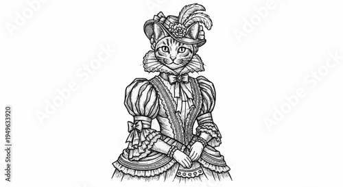 Elegant Cat Dressed in Victorian Era Attire.