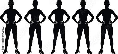 Female body silhouette set, standing woman figure fitness pose isolated black vector illustration for anatomy fashion design