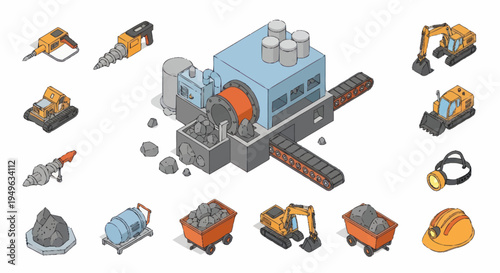Isometric mining industry equipment and machinery collection.