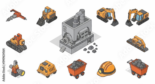 Collection of Isometric Mining Equipment and Tools.