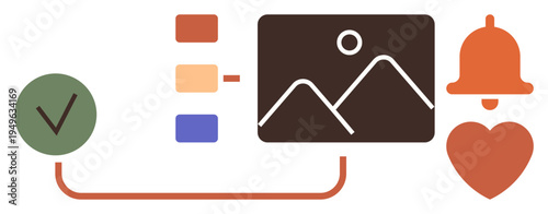 Task management, user interface, digital media, organization tools, notifications, app preferences. Icons include checkmark, image bell and heart. Task management and user interface concepts