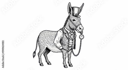 Elegant Donkey Dressed in Formal Attire with Top Hat and Pocket Watch.