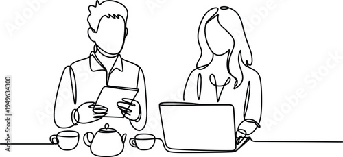 Minimalist continuous line art laptop and tablet collaboration, flat vector illustration