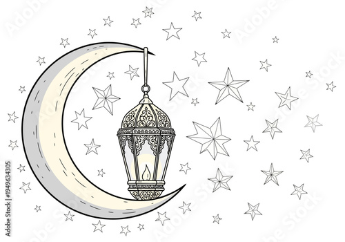 Ornate Islamic Lantern Hanging from Crescent Moon with Stars.