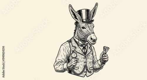 Anthropomorphic Donkey Dressed in Vintage Victorian Gentleman Attire.