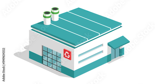 Isometric view of a modern recycling factory building with a prominent recycle symbol.