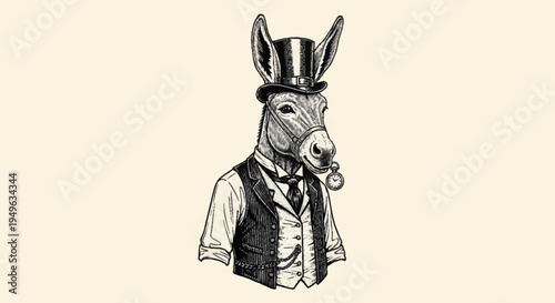 Dapper Donkey Wearing Top Hat and Vest Smoking Cigar.