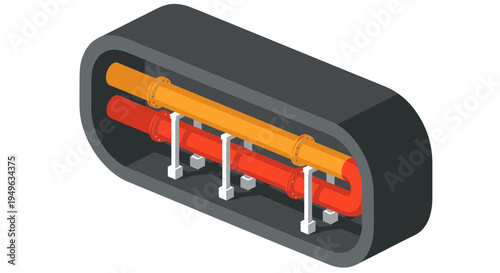 Isometric view of a rectangular black casing with two internal cylindrical components, one orange and one red, secured by three bolts.