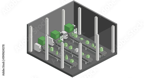 Isometric view of a server rack with multiple green circuit boards and white components.