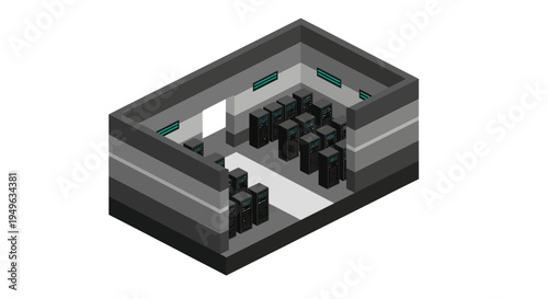 Isometric view of a server room with multiple server racks.