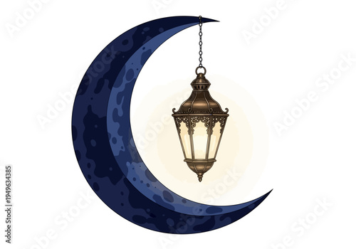 Ornate bronze lantern hanging from a dark blue crescent moon glowing with warm light.