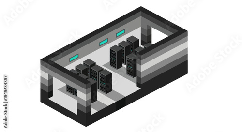 Isometric view of a server room with multiple server racks and cooling units.