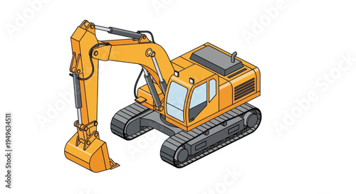 Isometric Yellow Excavator Heavy Construction Equipment Isolated.