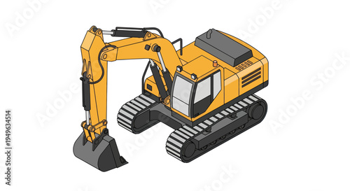 Isometric Yellow Excavator Heavy Construction Equipment Vehicle.