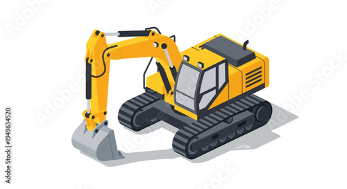 Isometric Yellow Excavator Heavy Construction Machine Isolated on White Background.