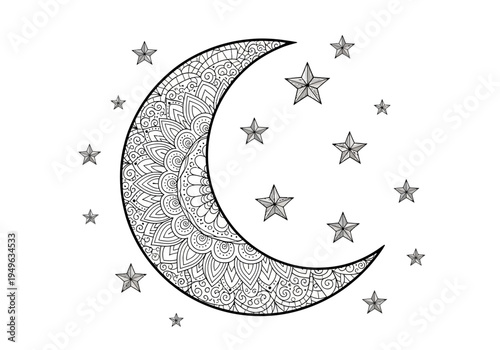 Intricate Mandala Crescent Moon and Stars Line Art Illustration.