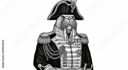Vintage Walrus Captain in Military Uniform Illustration.