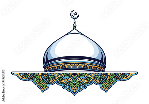 Stylized mosque dome with crescent moon and star finial featuring intricate Islamic arabesque patterns.