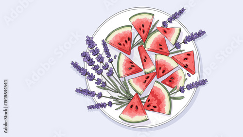 Fresh Watermelon Slices with Lavender on Plate, Summer Fruit Food Photography, Healthy Refreshment