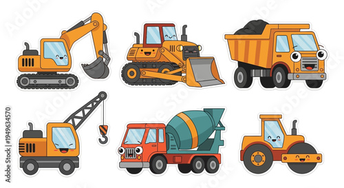 Set of Cute Cartoon Construction Vehicle Stickers with Happy Kawaii Faces for Kids
