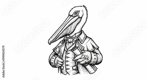 Dapper Pelican Gentleman in Victorian Attire Holding a Card.