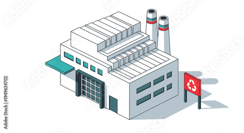 Modern Industrial Factory Building with Recycling Symbol.
