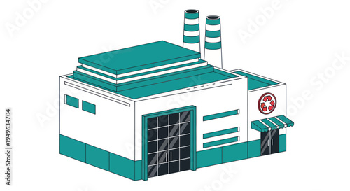 Modern Industrial Factory Building with Smokestacks and Large Windows.