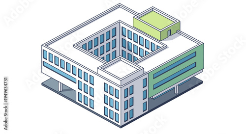 Modern Isometric Building with Courtyard and Green Roof.