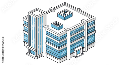 Modern Isometric Office Building with Blue Glass Windows.