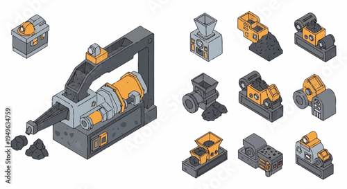 Isometric Industrial Machinery and Equipment Set.