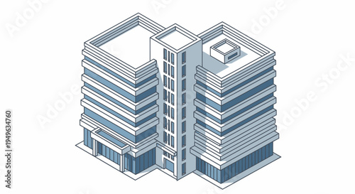 Modern Isometric Office Building Illustration with Clean Lines and Minimalist Design.