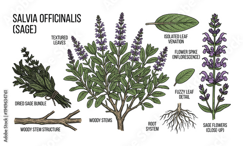 Salvia officinalis sage botanical illustration with medicinal plant parts and labeled anatomy