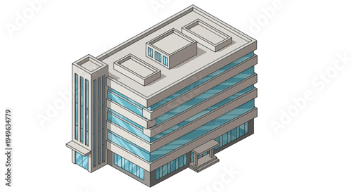 Modern Isometric Office Building with Glass Facade.