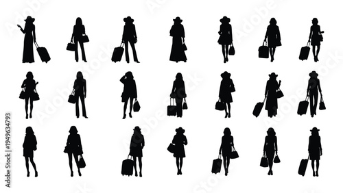 Various silhouettes of people with luggage in different poses