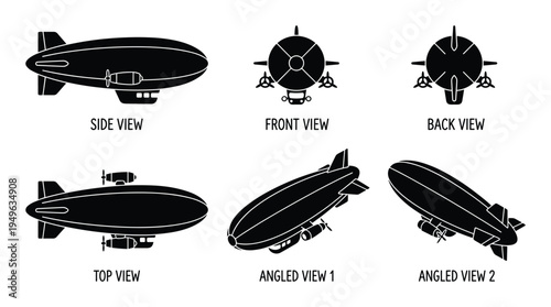 Set of blimp and airship views side front back top angled illustration